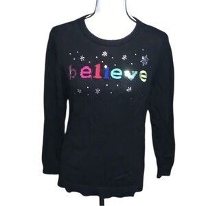 CJ Banks Womens Black Pullover Sweater Believe Embellished Christmas Knit